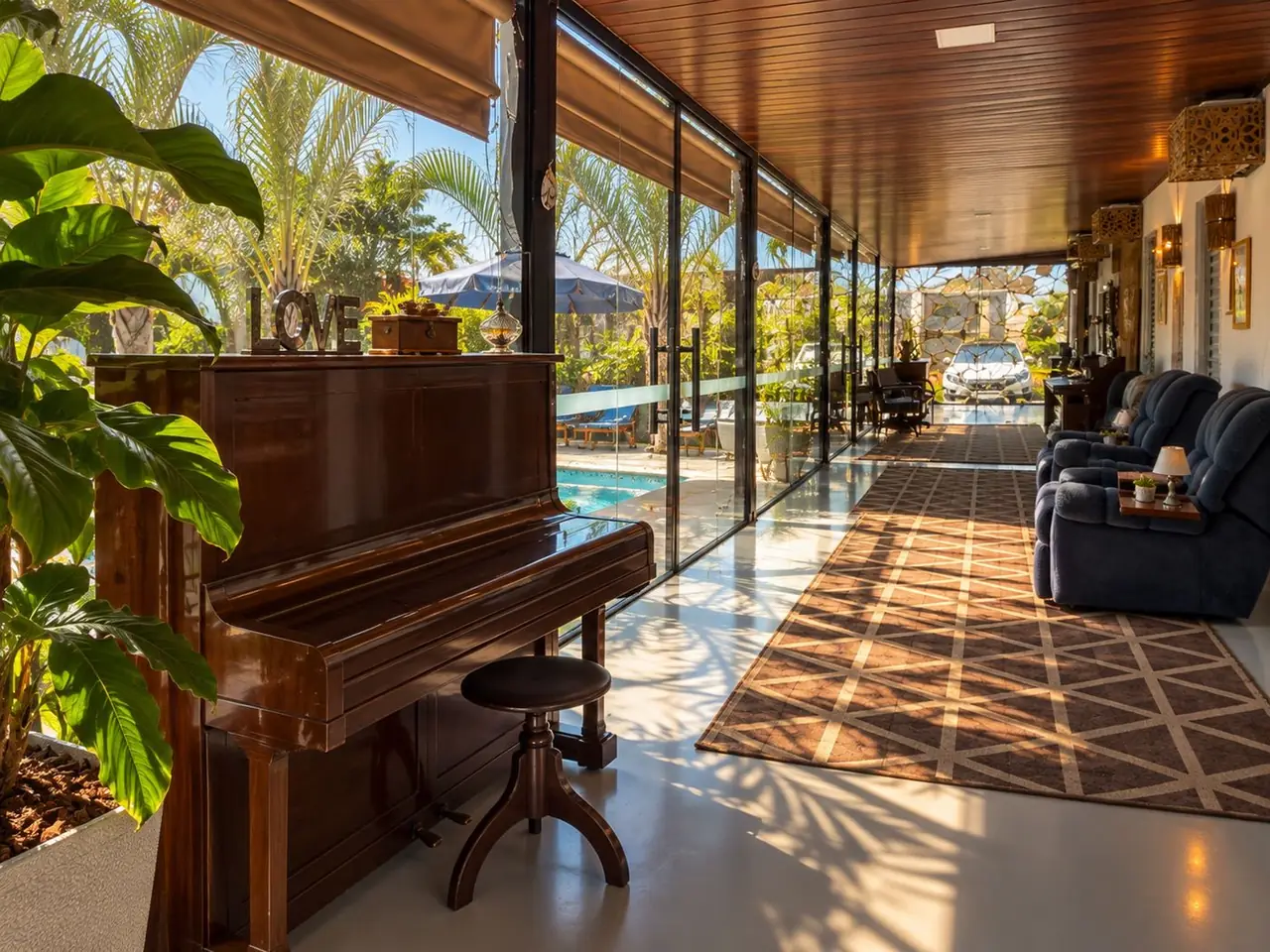 Piano de madeira na galeria de vidro, com vista para a piscina
