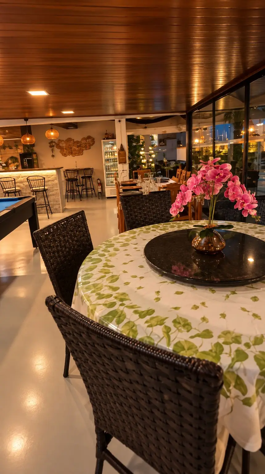 Mesa redonda com tampo giratório de granito e arranjo de orquídeas