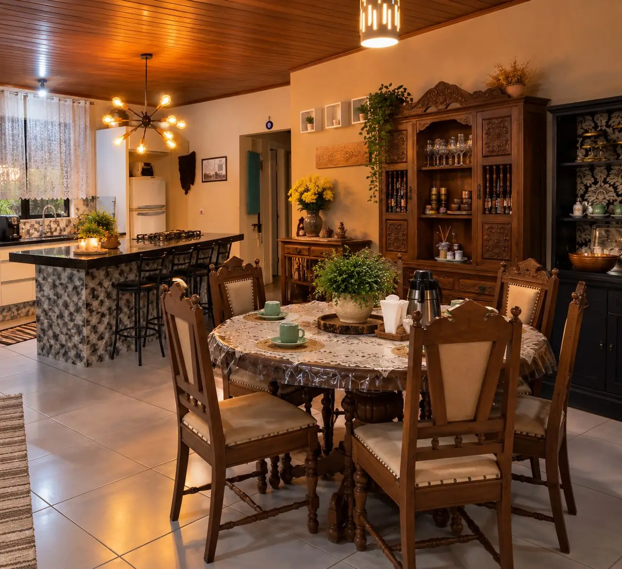 Sala de jantar com mesa redonda de madeira e cristaleira entalhada