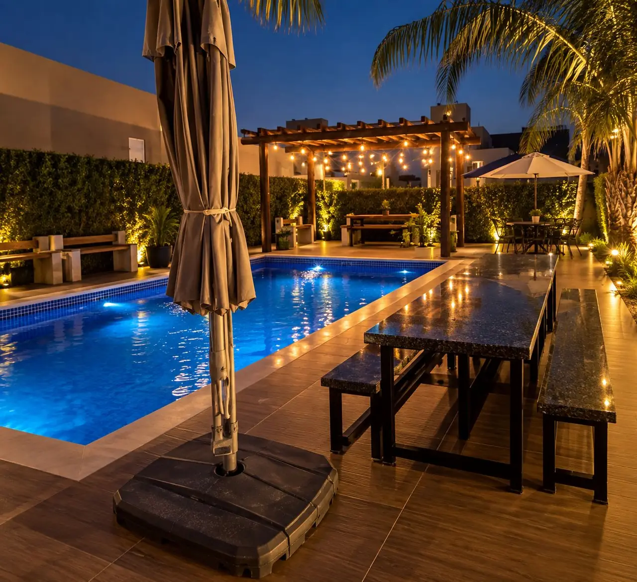Piscina iluminada à noite, com mesa de granito e pérgola com luzes