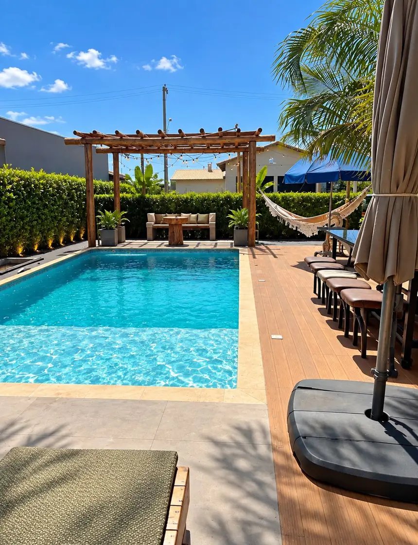 Piscina com pérgola de troncos, sofá e cerca-viva, sob céu azul