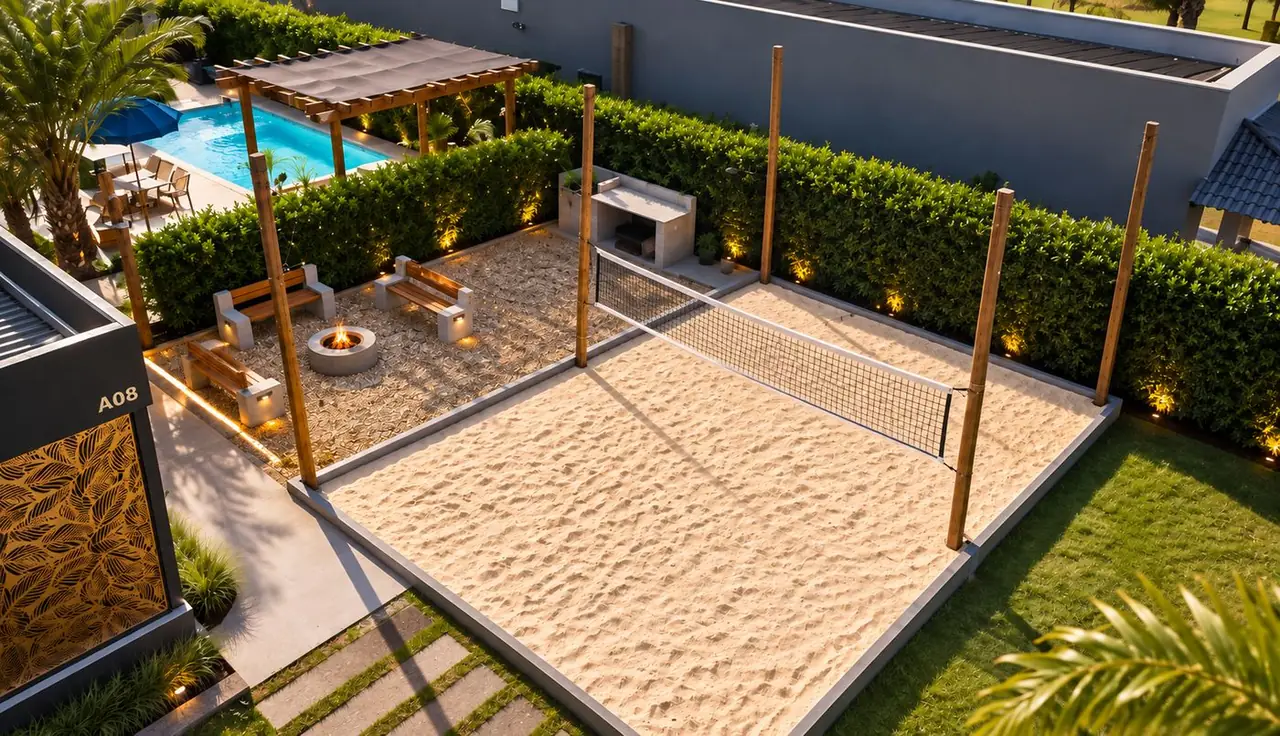 Vista de cima da quadra de vôlei de areia, da fogueira e da piscina