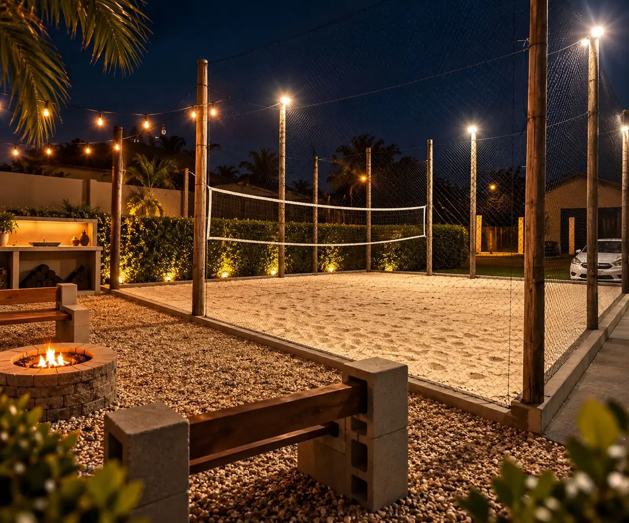 Quadra de areia iluminada à noite, com rede e postes de luz
