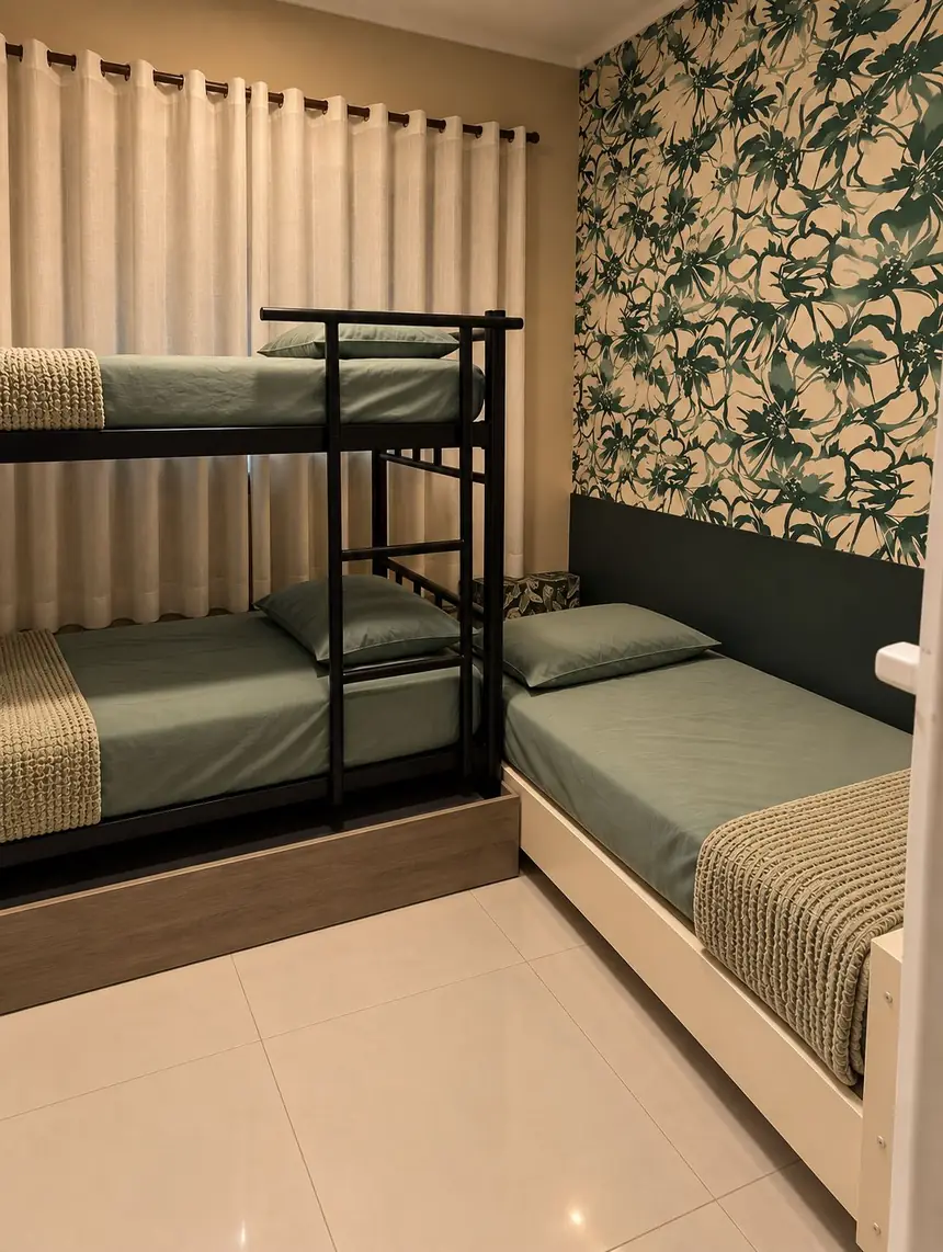Quarto 3, com beliche preto, cama de solteiro e papel de parede floral verde
