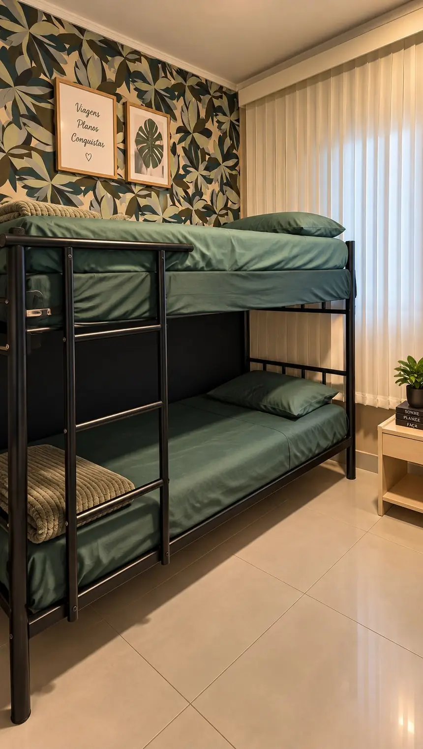 Quarto 4, com beliche de metal, roupa de cama verde e quadros na parede de folhagens