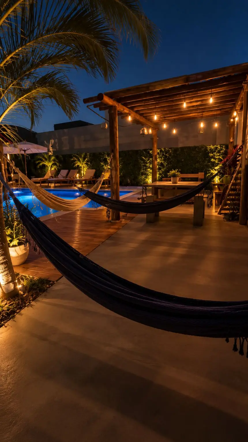 Redário sob a pérgola de troncos, com a piscina ao fundo