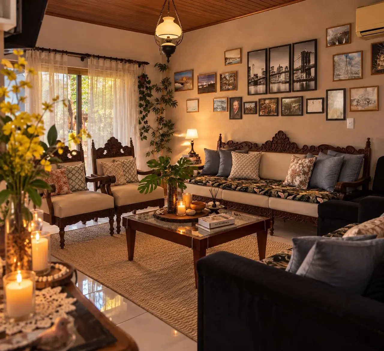 Sala de TV com sofás, poltronas de madeira entalhada e galeria de quadros